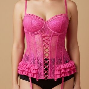 Seven 'Til Midnight Women's Pink Lace Bustier Size 3X/4X. It closes at the back.